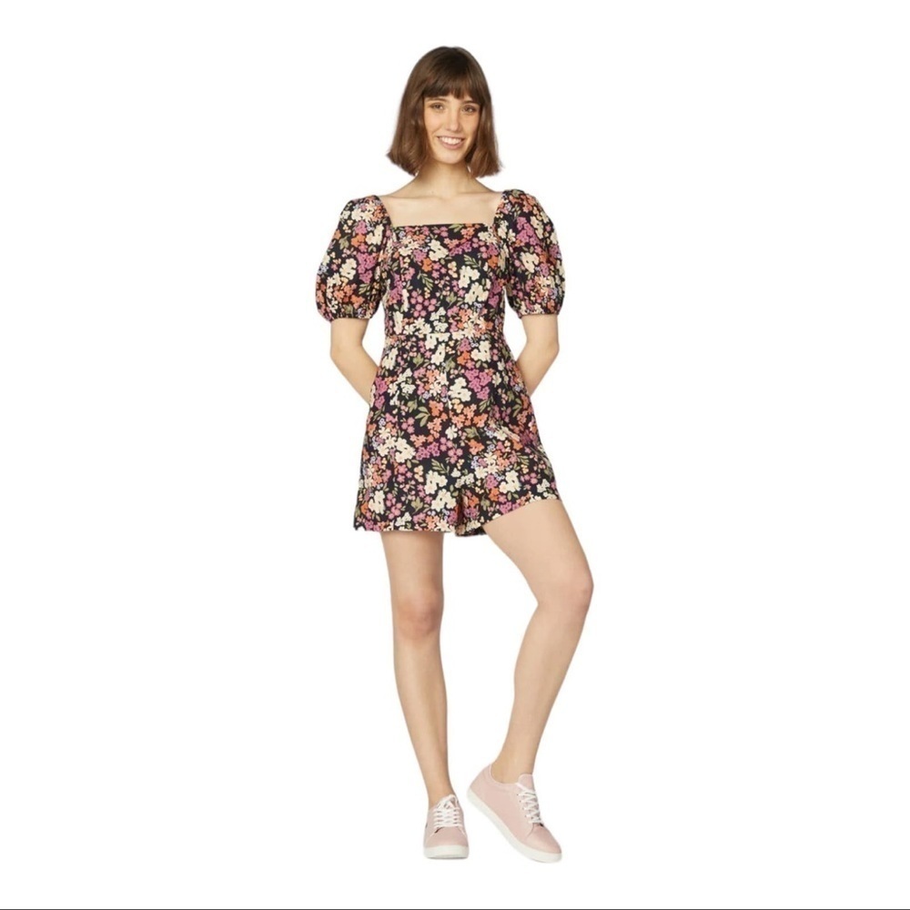 MODCLOTH x Princess Highway Natalie Puff Sleeve Linen Blend Romper Flora…